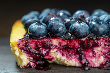 Piece of homemade blueberry cheesecake on dark background