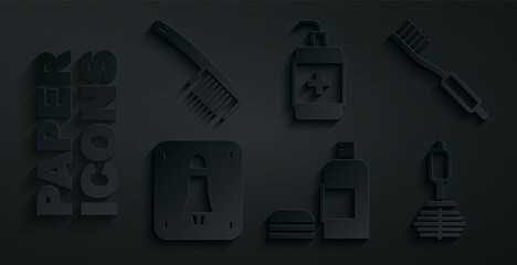 Poster - Set Bottle of shampoo, Toothbrush, Female toilet, Toilet, Hand sanitizer bottle and Hairbrush icon. Vector