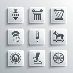 Sticker - Set Hermes sandal, Old wooden wheel, Trojan horse, Medieval sword, Ancient Greek coin, helmet, amphorae and Harp icon. Vector