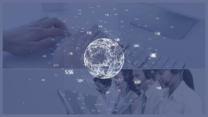 Poster - Animation of globe with connections over businesswomen using phone headsets