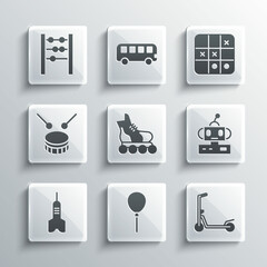 Wall Mural - Set Balloons with ribbon, Scooter, Robot toy, Roller skate, Dart arrow, Drum drum sticks, Abacus and Tic tac toe game icon. Vector