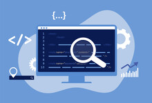 SEO Meta Data Optimization Concept. Vector Illustration With Hypertext Code In Blue Color. HTTP Website Header Seo Search Engine Optimization Title Tags And Seo Meta Data Description Elements.