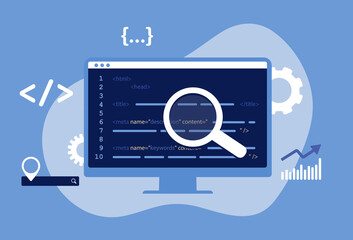 seo meta data optimization concept. vector illustration with hypertext code in blue color. http webs