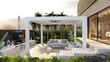 3D illustration of white pergola with motorized blinds on private terrace.