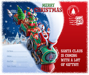 Wall Mural - CHRISTMAS POSTCARD WITH SANTA CLAUS DELIVERING GIFTS BY TRAIN WITH ELF AND REINDEER