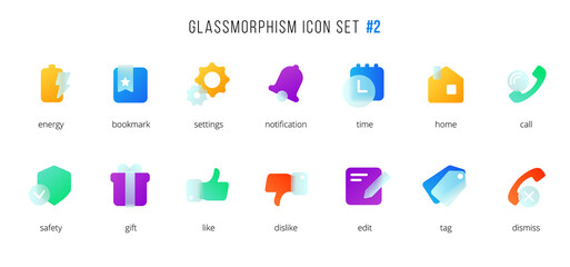 Aufkleber - A set of vector icons of the modern trend in the style of glassmorphism with gradient, blur and transparency. The collection includes 14 icons of different colors in a single style. part 2