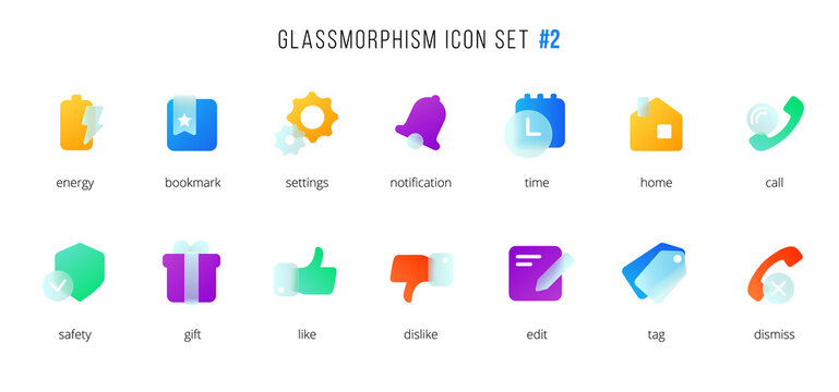 A set of vector icons of the modern trend in the style of glassmorphism with gradient, blur and transparency. The collection includes 14 icons of different colors in a single style. part 2