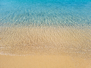 Ornos empty sandy beach Mykonos island, Cyclades Greece.