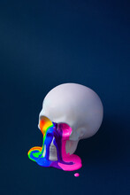 Skull With Vivid Paint. Spooky Concept. Halloween Or Santa Muerte Concept. Retro Future Background.