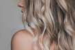 Leinwandbild Motiv Close-up of the wavy blonde hair of a young blonde woman isolated on a gray background. Result of coloring, highlighting, perming. Beauty and fashion
