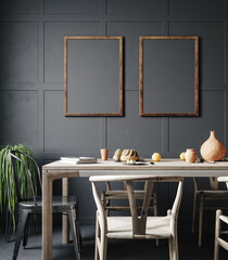 Poster frame mockup in dark dining room interior, 3d render