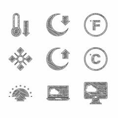 Sticker - Set Moon, Weather forecast, Celsius, Sunrise, Snowflake, Fahrenheit and Meteorology thermometer icon. Vector