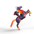 3D rendering of a demon headless horseman holding a sword on a ghostly burning horse isolated on a white background.