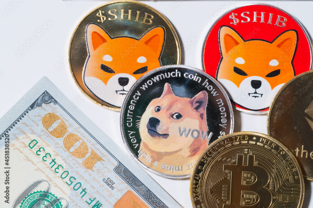 Dogecoin DOGE, bitcoin, Ethereum ETH, Shiba Coin, included with Crypto currency coin  on stack 100 hundred new US dollar Money American Virtual blockchain technology future is money Close up concept