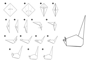 Poster - How to make origami rat. Step by step paper mouse black and white DIY instructions. Outline monochrome vector illustration.