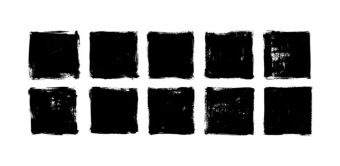 Black vector square box collection. Black painted square or rectangular shapes isolated on white background. Set of grunge template backgrounds. Hand drawn shape with rough edges