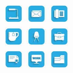 Poster - Set Office chair, Location with text work, Document folder, Briefcase, Certificate template, Cup of tea tea bag, Telephone and Table lamp icon. Vector