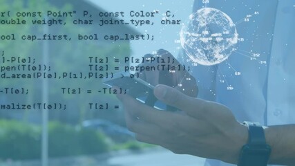 Poster - Animation of data processing and globe of connections over man using smartphone