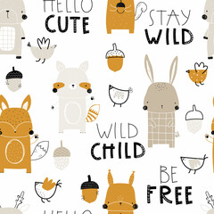 Wall Mural - Vector hand-drawn colored childrens seamless repeating pattern with cute deer, fox, raccoon, squirrel, trees, on a white background. Creative kids forest texture for fabric, wallpaper, apparel.