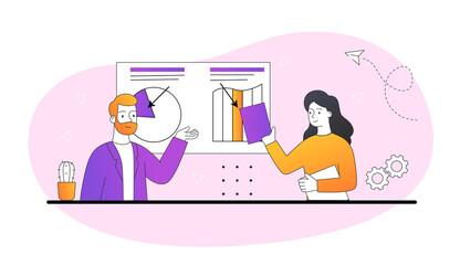 Poster - employees analyze statistics. man and woman discussing development of company. goal setting, teamwor