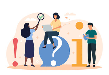 Getting help information. Man and women answer all questions that customers have. Company helps its partners. Group of people at work. Website technical support. Cartoon flat vector illustration