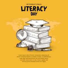 international literacy day with books, globe, ink, pen isolated on yellow background