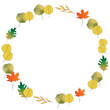 Bright, colorful circle autumn theme frame made of fall leaves and acorns on white background. Fall, seasonal, Thanksgiving. Copy space.