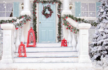 Christmas Porch.Snowy Courtyard With Christmas Porch, Veranda, Wreath, Christmas Tree, Garland,christmas Balls And Lanterns. Merry Christmas And Happy New Year