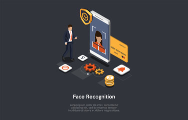 Poster - Face Recognition Technology Concept Illustration On Dark Background. Cartoon Style 3D Composition. Isometric Vector Design. Privacy Protection. Smartphone Access Innovation. Infographics And Person.