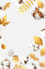 Wall Mural - Autumn fall concept. Flying cotton flowers, golden autumn leaves on light gray background. Creative Floral background with cotton, delicate flowers of fluffy cotton. Flat lay flowers composition