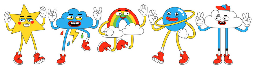 Wall Mural - Funny characters in trendy retro cartoon style. Vector illustration of star, planet, rainbow and cloud.