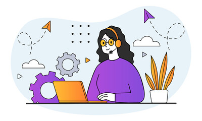 Poster - working on laptop concept. woman with headphones sitting at her desk and taking calls from users. re
