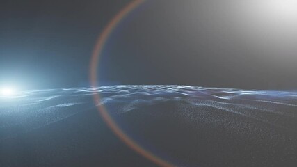 Poster - abstract seascape motion graphic, horizon with animated waves and lens flare star light, view from s