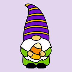 Wall Mural - Halloween gnome with candy corn. Cute cartoon character in a hat and beard. Holidays sweet symbol. Funny vector illustration. For invitations, cards, posters, sublimation on t-shirt.