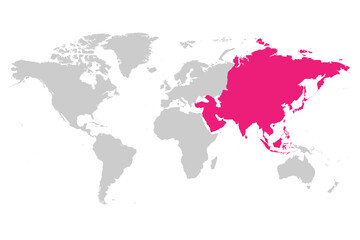  Asia continent pink marked in grey silhouette of World map. Simple flat vector illustration.