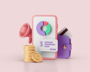 Financial report with circle chart, wallet, gramophone and coins on smartphone concept. Simple 3d render illustration