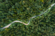 Leinwandbild Motiv Backlights of a driving car in a curvy road as long exposure from a drone, having a trip to a green summer forest at the evening.