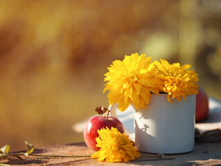 Yellow flowers in a cup on a wooden book, a sunny photo, a ripe red apple