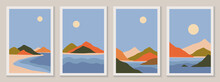 Abstract Contemporary Aesthetic Landscapes Set With Sun, Sea, Moon, Mountains. Collection Of Contemporary Art Print Templates. Nature Backgrounds For Social Media, Poster.