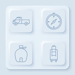 Wall Mural - Set line Pickup truck, Compass, Canteen water bottle and Suitcase. White square button. Vector