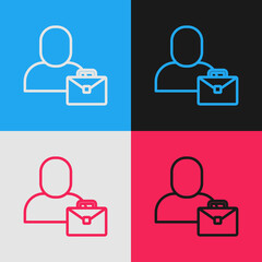 Poster - Pop art line Freelancer icon isolated on color background. Freelancer man working on laptop at his house. Online working, distant job concept. Vector