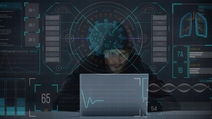 Poster - Animation of data processing over hacker with laptop