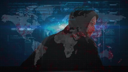 Poster - Animation of data processing over hacker with laptop