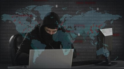 Poster - Animation of data processing over hacker with laptop