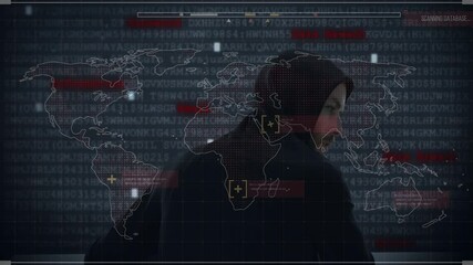 Poster - Animation of data processing over hacker with laptop
