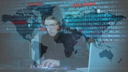 Poster - Animation of data processing over hacker with laptop