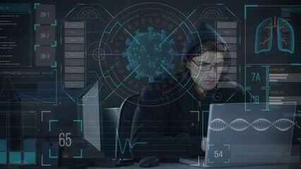 Poster - Animation of data processing over hacker with laptop