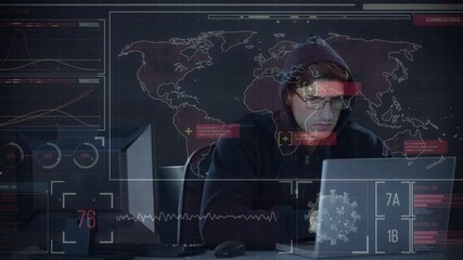 Poster - Animation of data processing over hacker with laptop