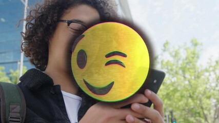 Poster - Animation of happy emoji over man using smartphone