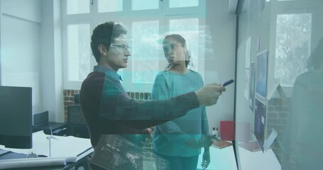 Poster - Animation of data processing over business colleagues brainstorming in office